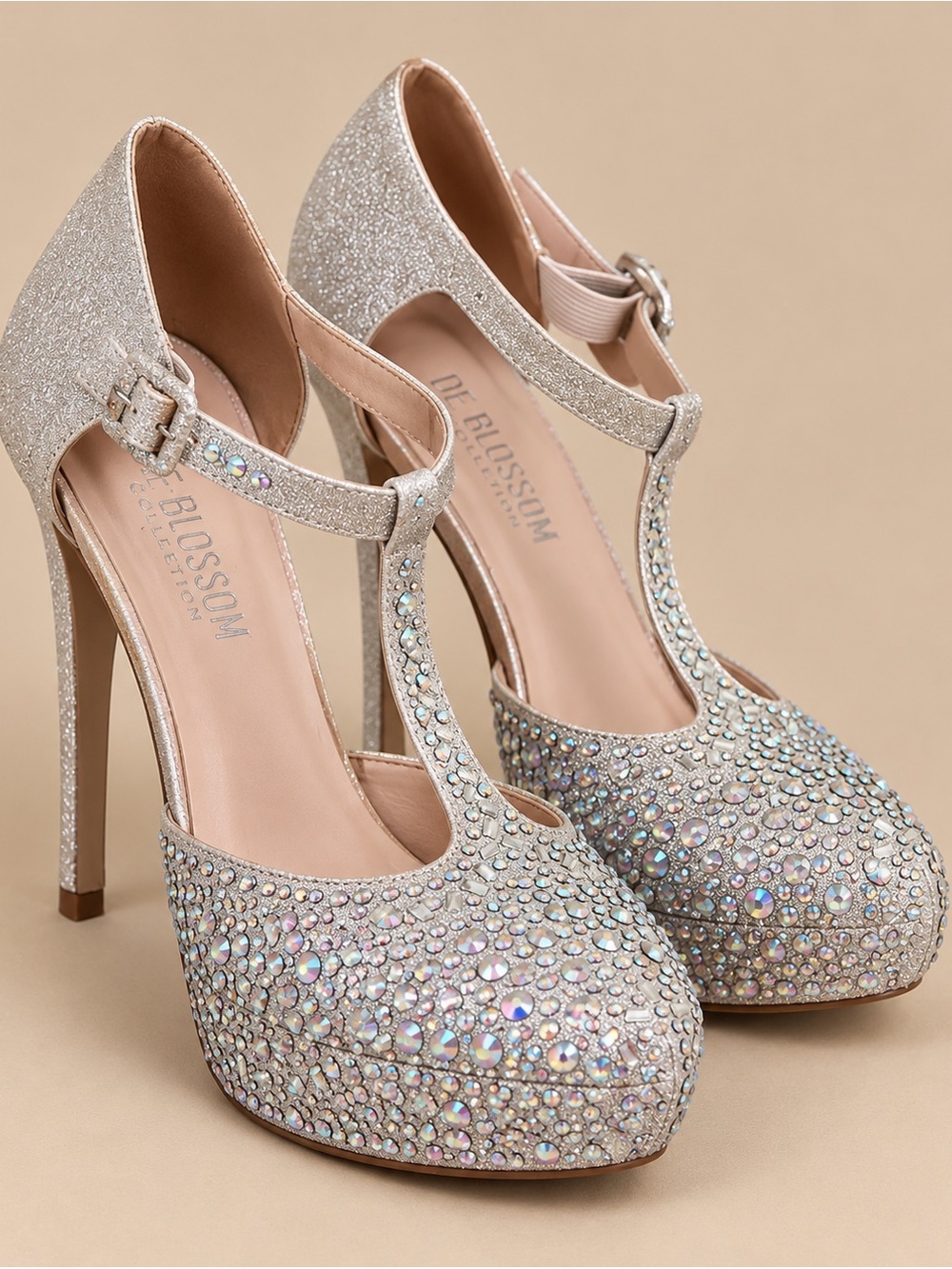 De Blossom Silver Rhinestone Crystal T-Strap Platform Heels Size 8.5